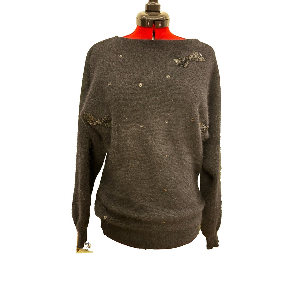 Vintage Retro Beaded bowties Angora Lambswool Nylon black‎ Sweater size Small